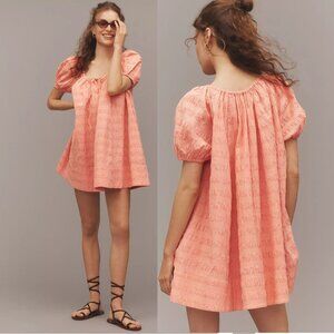 NEW Anthropologie Maeve Scoop-Neck Mini Swing Dress Orange Pink Red Short Sleeve